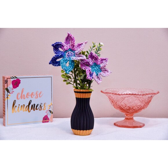 Crochet Flowers and Vase Black and Gold Decorative Floral Arrangement Home Decor - Picture 1 of 1